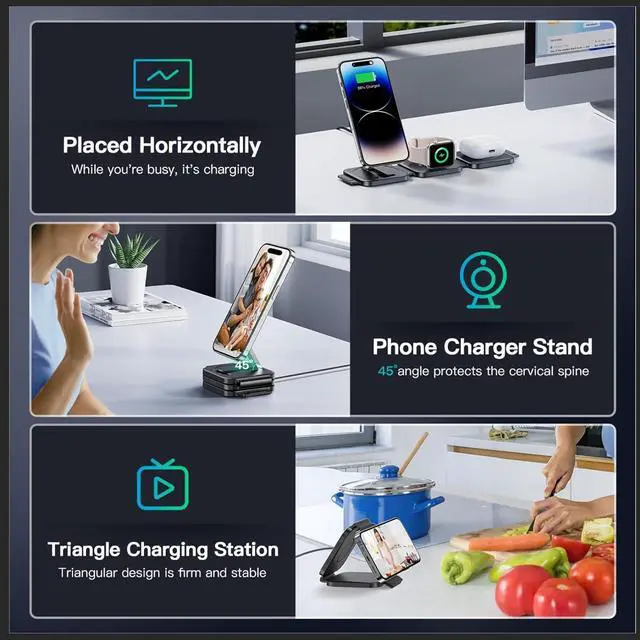 Alt view image 7 of 7 - 3 in 1 Charging Station for iPhone 16/15/14/13/12 Series, Travel Charger for Multiple Devices for AirPods 4/3/2/Pro,Wireless Charger Magnetic Charging for Apple Watch S10 Series(Black)