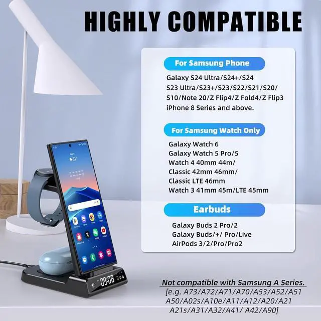 Alt view image 2 of 7 - Wireless Charger for Samsung Charging Station, 3 in 1 Android Phone Wireless Charger for Samsung Galaxy S24 Ultra/S23 Ultra/Z Flip 5/Fold 5/Bud, Charger for Galaxy Watch 6/5/4(Only for Samsung Watch)