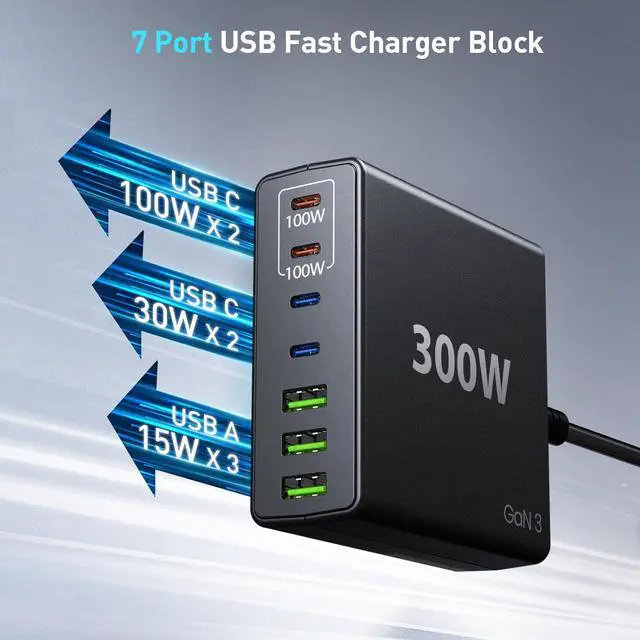 Alt view image 3 of 7 - USB C Fast Charger Block 300W: 7 Port USB Charging Station Hub Brick - Dual PPS PD 100W Laptop Wall Charger Power Adapter for MacBook Pro  HP Surface iPad iPhone  Galaxy Android