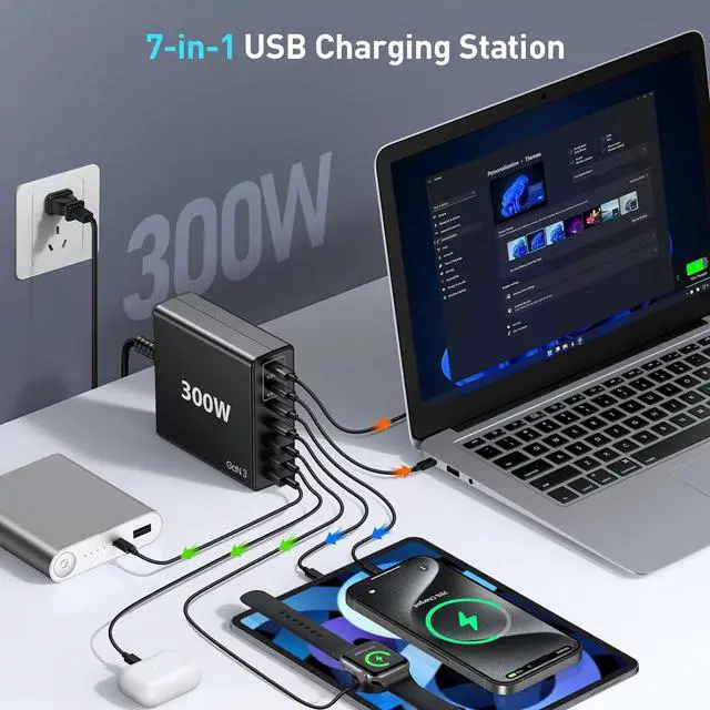 Alt view image 2 of 7 - USB C Fast Charger Block 300W: 7 Port USB Charging Station Hub Brick - Dual PPS PD 100W Laptop Wall Charger Power Adapter for MacBook Pro  HP Surface iPad iPhone  Galaxy Android