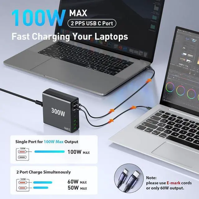 Alt view image 4 of 7 - USB C Fast Charger Block 300W: 7 Port USB Charging Station Hub Brick - Dual PPS PD 100W Laptop Wall Charger Power Adapter for MacBook Pro  HP Surface iPad iPhone  Galaxy Android