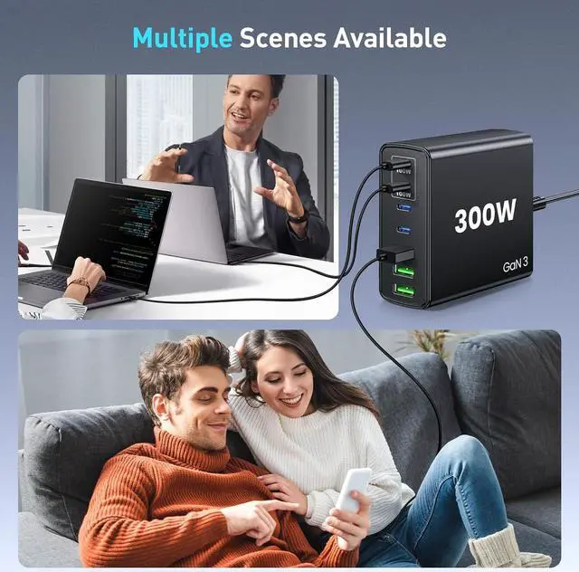 Alt view image 7 of 7 - USB C Fast Charger Block 300W: 7 Port USB Charging Station Hub Brick - Dual PPS PD 100W Laptop Wall Charger Power Adapter for MacBook Pro  HP Surface iPad iPhone  Galaxy Android