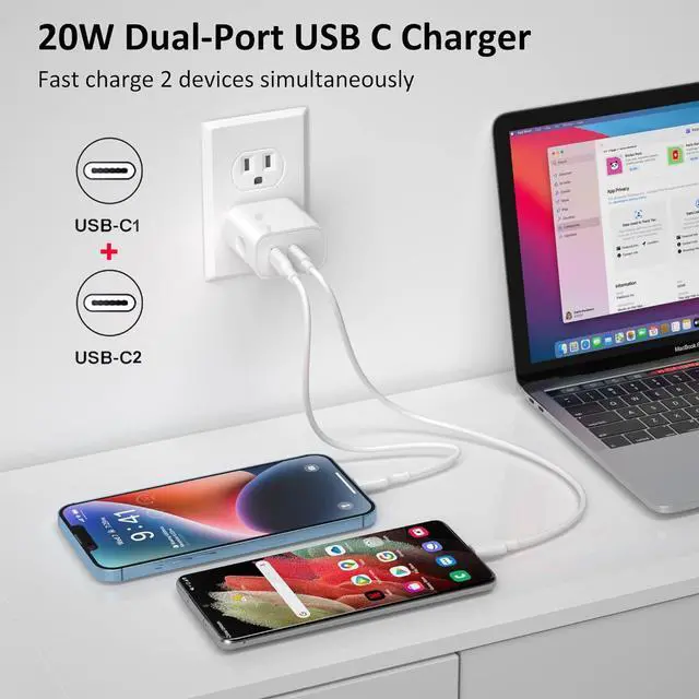 Alt view image 2 of 7 - [2 Pack] USB-C Wall Charger 20W USB C 2in1 Dual Port Power Adapter Double USB C Fast Charger Block Fast Type C Charger for iPhone 15/15 Pro/15 Pro Max/15 Plus/14/13/12/11/XS/X iPad  Galaxy