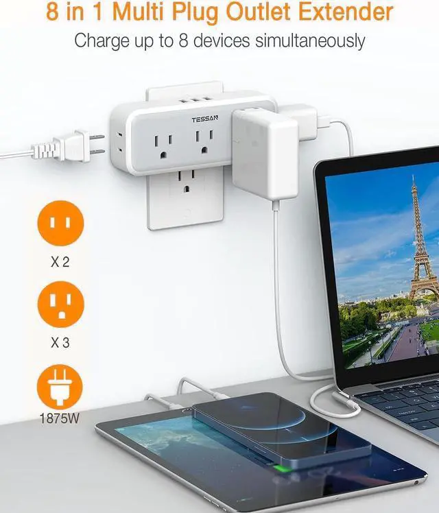 Alt view image 2 of 7 - Multi Plug Outlet Splitter Surge Protector 5 Outlet Extender with 3 USB Wall Charger 3-Sided Multiple Plug Expander for Home Office Dorm Room Essentials