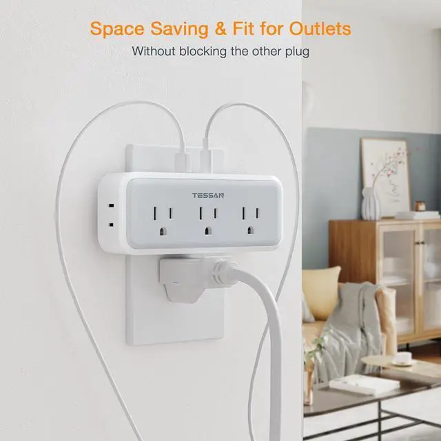 Alt view image 3 of 7 - Multi Plug Outlet Splitter Surge Protector 5 Outlet Extender with 3 USB Wall Charger 3-Sided Multiple Plug Expander for Home Office Dorm Room Essentials