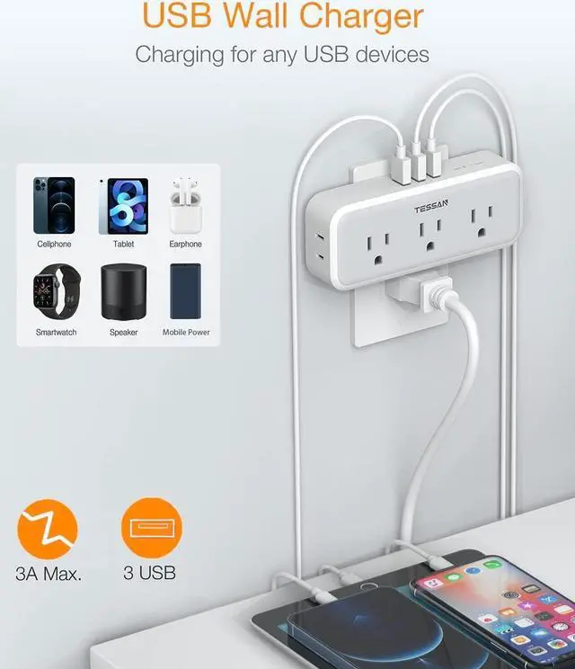 Alt view image 4 of 7 - Multi Plug Outlet Splitter Surge Protector 5 Outlet Extender with 3 USB Wall Charger 3-Sided Multiple Plug Expander for Home Office Dorm Room Essentials