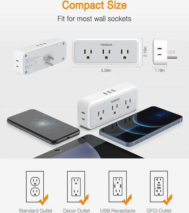 Alt view image 5 of 7 - Multi Plug Outlet Splitter Surge Protector 5 Outlet Extender with 3 USB Wall Charger 3-Sided Multiple Plug Expander for Home Office Dorm Room Essentials