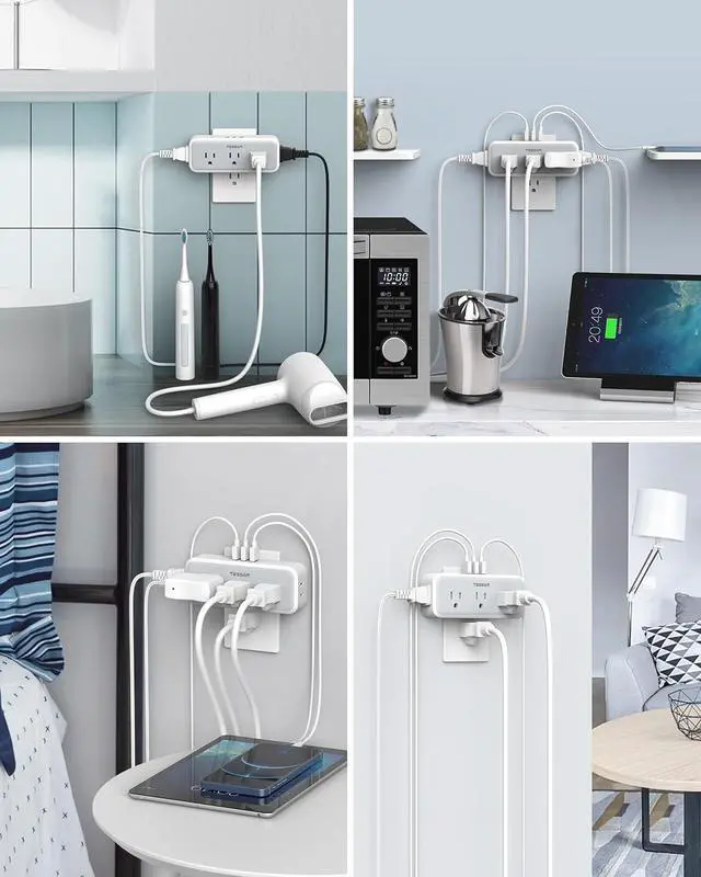 Alt view image 6 of 7 - Multi Plug Outlet Splitter Surge Protector 5 Outlet Extender with 3 USB Wall Charger 3-Sided Multiple Plug Expander for Home Office Dorm Room Essentials