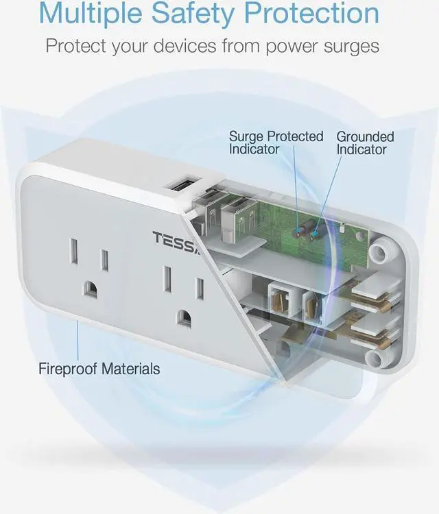 Alt view image 7 of 7 - Multi Plug Outlet Splitter Surge Protector 5 Outlet Extender with 3 USB Wall Charger 3-Sided Multiple Plug Expander for Home Office Dorm Room Essentials