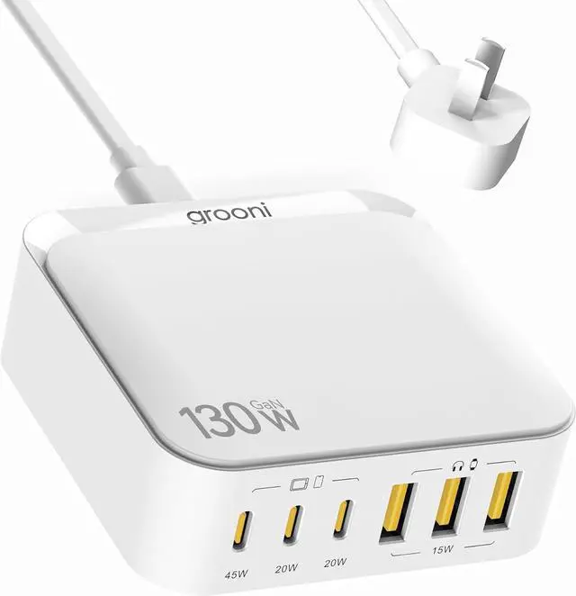 Main image of USB C Charger Block, 130W 6 Ports Fast Wall Chargers, Charging Stations with PD 45W, Dual PD 20W, 3 USB A, 3 USB C, QC, PPS, 6ft Cord, Compatible with iPhone, Galaxy, Pixel, MacBook, iPad Pro