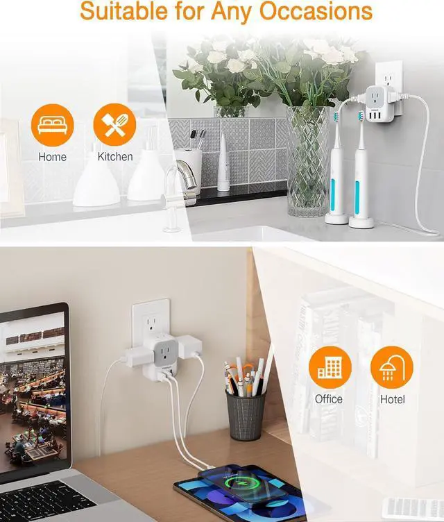 Alt view image 6 of 6 - USB Charger Block, TESSAN USB Plug Adapter with Electrical 4 Box Splitter 3 USB Wall Charger Ports, Multi Plug Outlet Extender Charging for Cruise, Travel, Office, Dorm Essentials