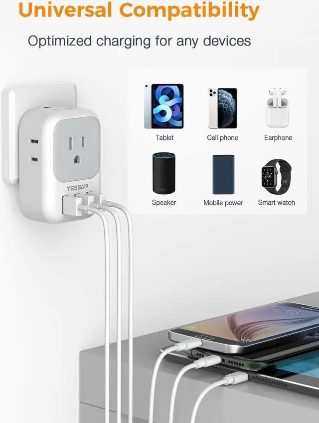 Alt view image 2 of 6 - USB Charger Block, TESSAN USB Plug Adapter with Electrical 4 Box Splitter 3 USB Wall Charger Ports, Multi Plug Outlet Extender Charging for Cruise, Travel, Office, Dorm Essentials