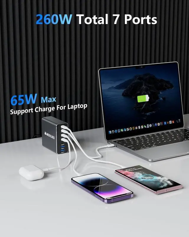 Alt view image 2 of 6 - Aluminum Alloy 260W USB C Charger GaN Charger Fast USB C Charging Station 7 Ports 65W Laptop Charger for MacBook Pro/Air/iPad Pro/iPhone (Grey)
