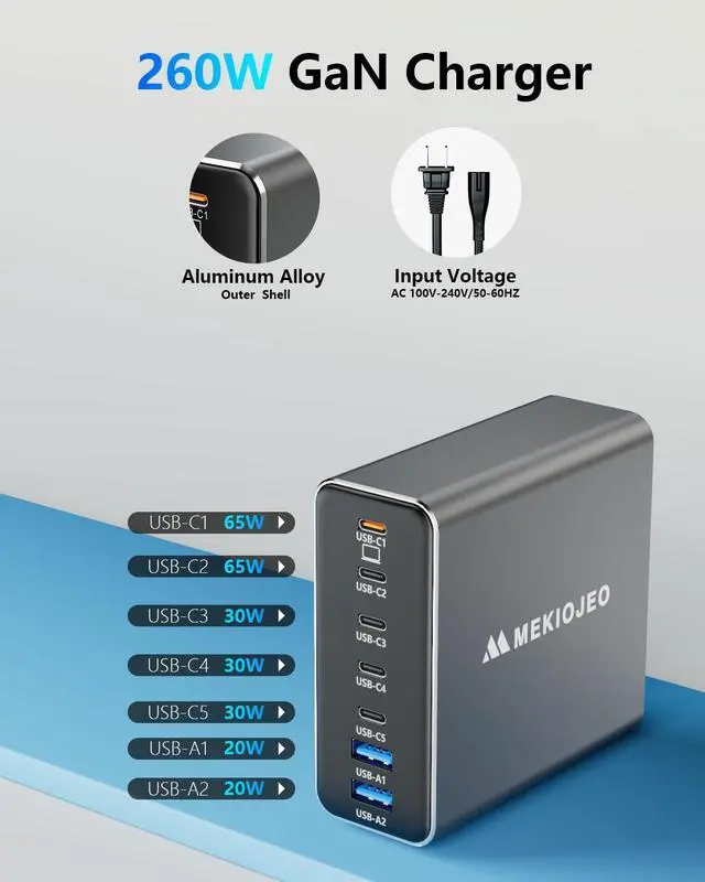 Alt view image 3 of 6 - Aluminum Alloy 260W USB C Charger GaN Charger Fast USB C Charging Station 7 Ports 65W Laptop Charger for MacBook Pro/Air/iPad Pro/iPhone (Grey)
