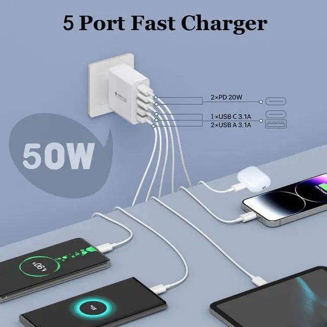 Alt view image 2 of 7 - USB C Wall Charger, 50W 5-Port USB C Charger Block, Fast Charging Block 3 USB C + 2 QC Wall Plug Multiport Type C for iPhone 12/13/14/15, PD Fast Charger Power Adapter for Samsung S23/S22/S21/Tablet