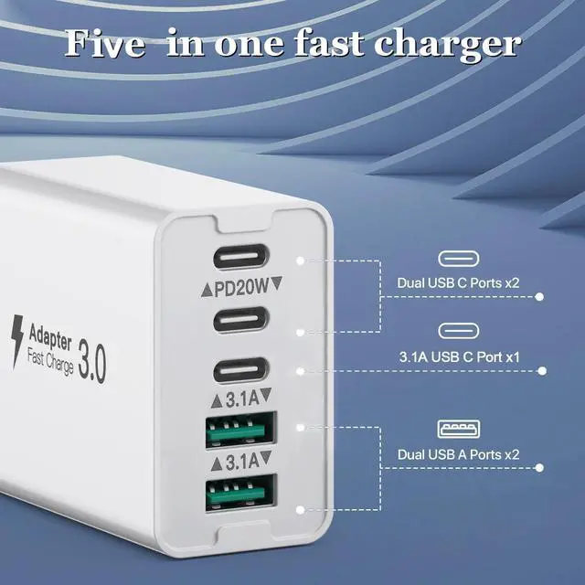 Alt view image 4 of 7 - USB C Wall Charger, 50W 5-Port USB C Charger Block, Fast Charging Block 3 USB C + 2 QC Wall Plug Multiport Type C for iPhone 12/13/14/15, PD Fast Charger Power Adapter for Samsung S23/S22/S21/Tablet