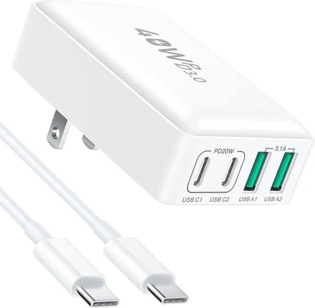 Main image of USB C Wall Charger, Excgood 40W Fast Charging Block 4Port Flat USB Plug Dual PD&QC Multiport Foldable Travel Power Adapter Compatible with iPhone 15 Pro iPad Galaxy S24 Ultra, with 6ft USB C Cable