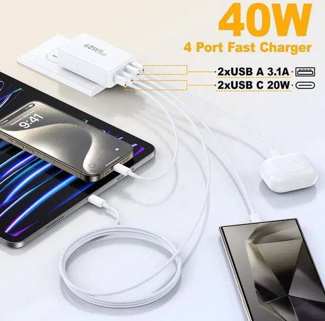 Alt view image 2 of 7 - USB C Wall Charger, Excgood 40W Fast Charging Block 4Port Flat USB Plug Dual PD&QC Multiport Foldable Travel Power Adapter Compatible with iPhone 15 Pro iPad Galaxy S24 Ultra, with 6ft USB C Cable