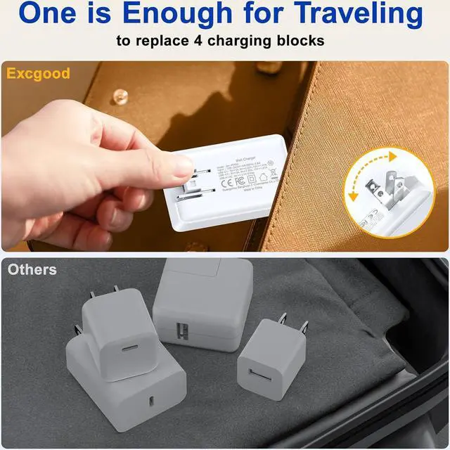 Alt view image 5 of 7 - USB C Wall Charger, Excgood 40W Fast Charging Block 4Port Flat USB Plug Dual PD&QC Multiport Foldable Travel Power Adapter Compatible with iPhone 15 Pro iPad Galaxy S24 Ultra, with 6ft USB C Cable