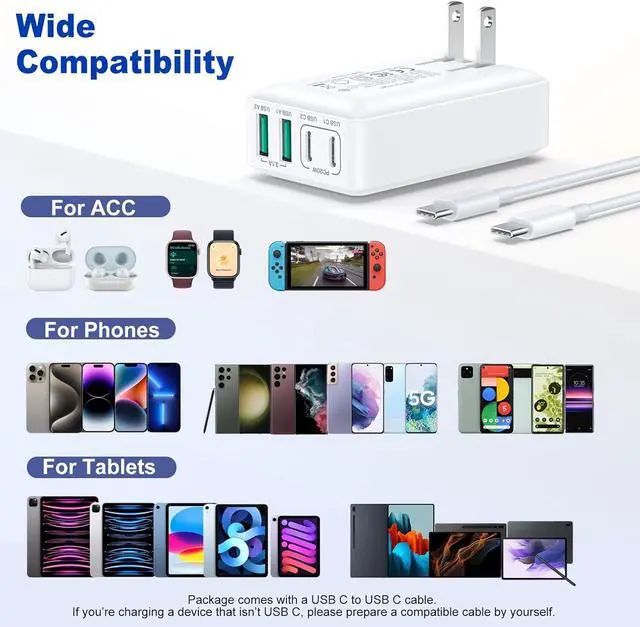 Alt view image 7 of 7 - USB C Wall Charger, Excgood 40W Fast Charging Block 4Port Flat USB Plug Dual PD&QC Multiport Foldable Travel Power Adapter Compatible with iPhone 15 Pro iPad Galaxy S24 Ultra, with 6ft USB C Cable