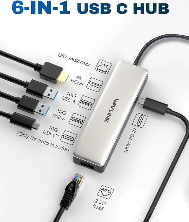 Alt view image 2 of 7 - USB C Hub 2.5G Ethernet, WAVLINK 10Gbps USB C 3.2 Hub with 100W Power Delivery, 4K@120Hz HDMI 2.1, 3*USB3.2 Gen 2, 2.5G RJ45 Ports, Fit for MacBook Pro/Air iPad Dell HP Lenovo Asus Acer