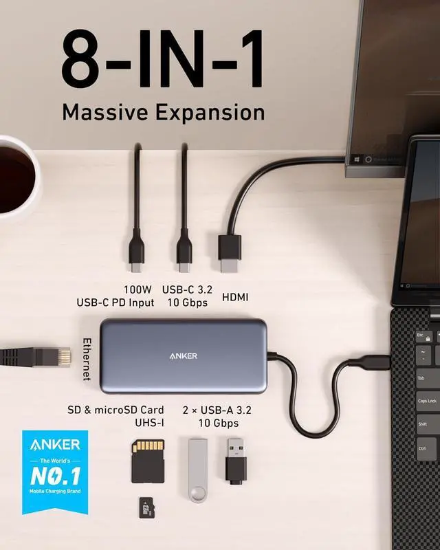 Alt view image 2 of 5 - 555 USB-C Hub (8-in-1) with 100W Power Delivery 4K 60Hz HDMI Port 10Gbps USB C and 2 A Data Ports Ethernet microSD SD Card Reader for MacBook Pro More