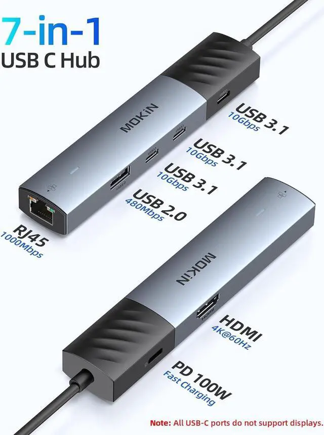 Alt view image 2 of 7 - MOKiN 10Gbps USB C Hub Ethernet, 7 in 1 USB C Adapter for MacBook Pro/Air with 4K@60HZ HDMI, 3*USB-C 10Gbps Data, RJ45, USB 2.0, 100W PD, USB C Dongle for MacBook Pro/Air//HP/Thinkpad/Lenovo.