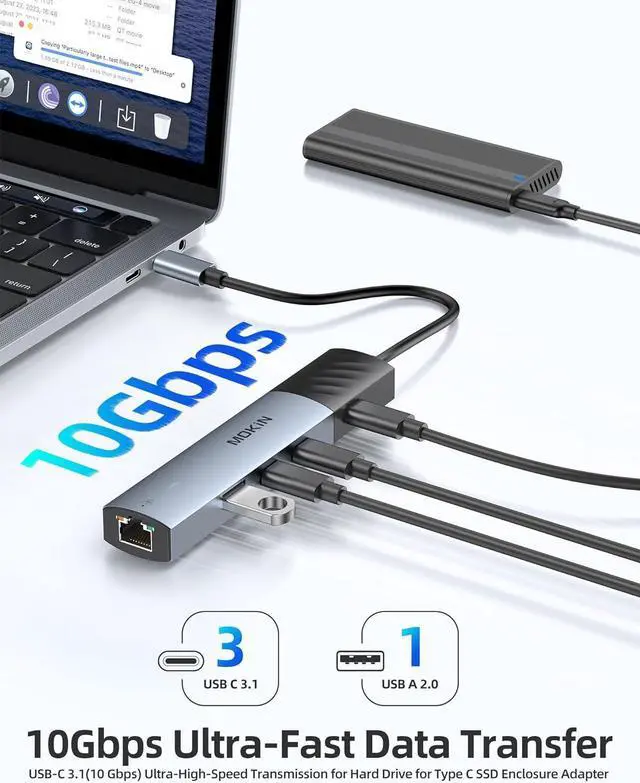 Alt view image 5 of 7 - MOKiN 10Gbps USB C Hub Ethernet, 7 in 1 USB C Adapter for MacBook Pro/Air with 4K@60HZ HDMI, 3*USB-C 10Gbps Data, RJ45, USB 2.0, 100W PD, USB C Dongle for MacBook Pro/Air//HP/Thinkpad/Lenovo.
