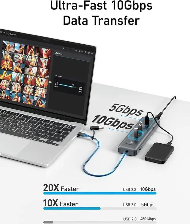 Alt view image 3 of 6 - USB-C Hub 11-in-1 10Gbps Data Hub with 4 USBA and 4 USBC Ports 100W USBC PD-in Card Reader 2-in-1 USB Connector for USBA and USBC Laptop MacBook iPad and More (65W Adapter Included)