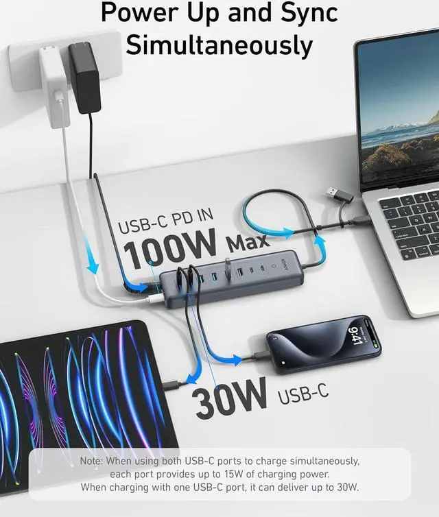 Alt view image 4 of 6 - USB-C Hub 11-in-1 10Gbps Data Hub with 4 USBA and 4 USBC Ports 100W USBC PD-in Card Reader 2-in-1 USB Connector for USBA and USBC Laptop MacBook iPad and More (65W Adapter Included)