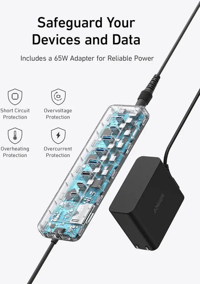 Alt view image 6 of 6 - USB-C Hub 11-in-1 10Gbps Data Hub with 4 USBA and 4 USBC Ports 100W USBC PD-in Card Reader 2-in-1 USB Connector for USBA and USBC Laptop MacBook iPad and More (65W Adapter Included)