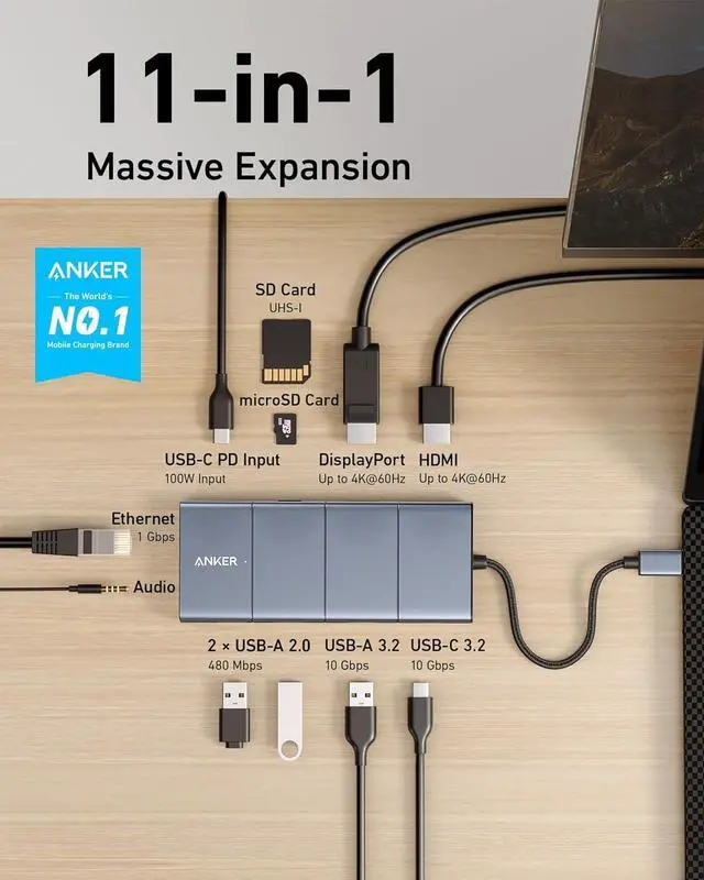 Alt view image 2 of 7 - Anker USB C Hub, 11-in-1 Docking Station Dual Monitor, 10 Gbps USB-C and USB-A Data Ports, 4K HDMI and DisplayPort, 85W Power Delivery, 2 Data Ports, Ethernet, for XPS