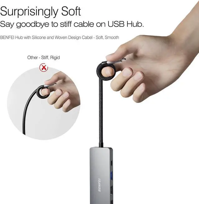 Alt view image 2 of 7 - USB C Hub 5-in-1 with 4K HDMI(Certified) 100W Power Delivery 3 USB-A Silicone Cable Aluminum Case Compatible with MacBook Pro/Air iPad Pro iMac iPhone 15 Pro/Pro Max XPS Thinkpad