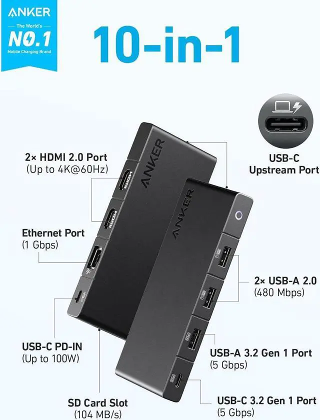 Alt view image 2 of 7 - 364 USB C Hub (10-in-1 Dual 4K HDMI) with Max 100W Power Delivery Dual 4K HDMI Ports 4 USB-C & A Data Ports Ethernet and SD Card Slot for  Laptop ThinkPad and More