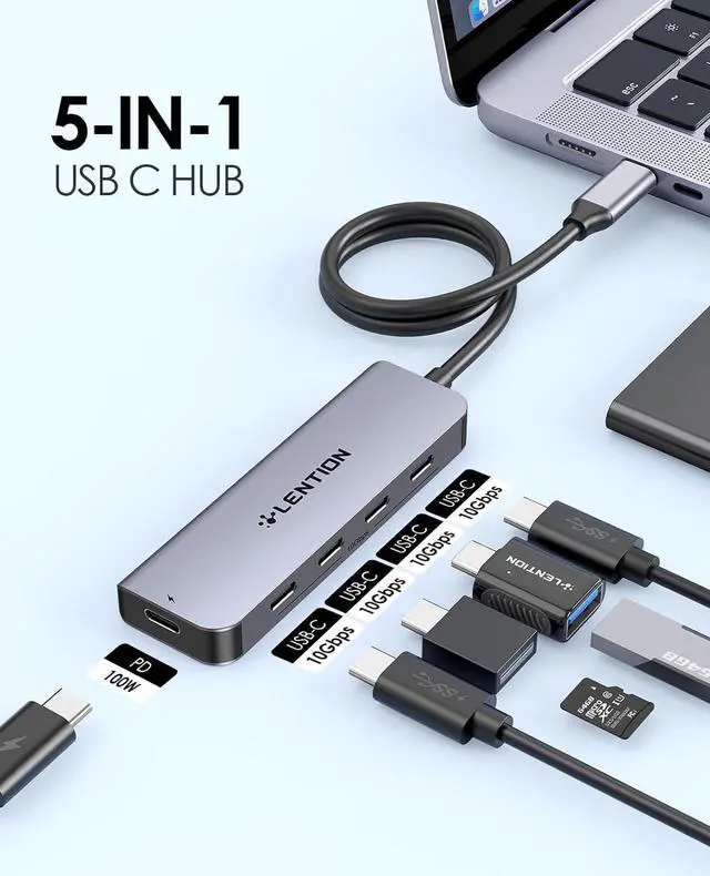 Alt view image 2 of 7 - LENTION 2FT Long Cable USB C Hub with 4 x USB C Ports (USB 3.2 Gen 2, 10 Gbps,Thunderbolt Speed), 100W PD Charging, Compatible 2023-2016 MacBook Pro, New Mac Air/Surface, More (CE31s, Space Gray)