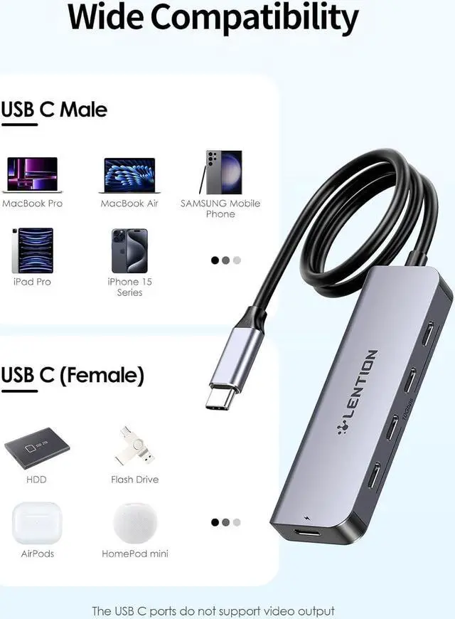 Alt view image 7 of 7 - LENTION 2FT Long Cable USB C Hub with 4 x USB C Ports (USB 3.2 Gen 2, 10 Gbps,Thunderbolt Speed), 100W PD Charging, Compatible 2023-2016 MacBook Pro, New Mac Air/Surface, More (CE31s, Space Gray)