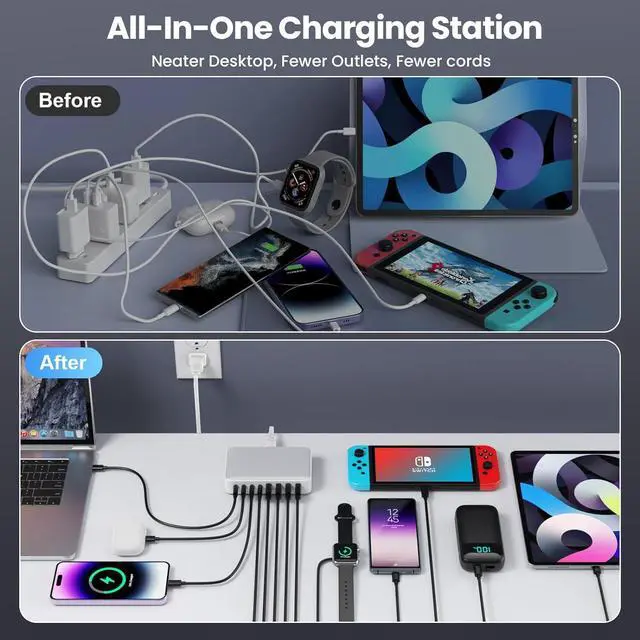 Alt view image 6 of 7 - 200W USB C Charger Block, GaN III 8-Port USB C Fast Charging Station PPS PD 65W Laptop Charger Adapter Compatible with /Air,DELL,HP Surface,iPhone 15/Pro/14/13,Galaxy S23,Steam Deck-White