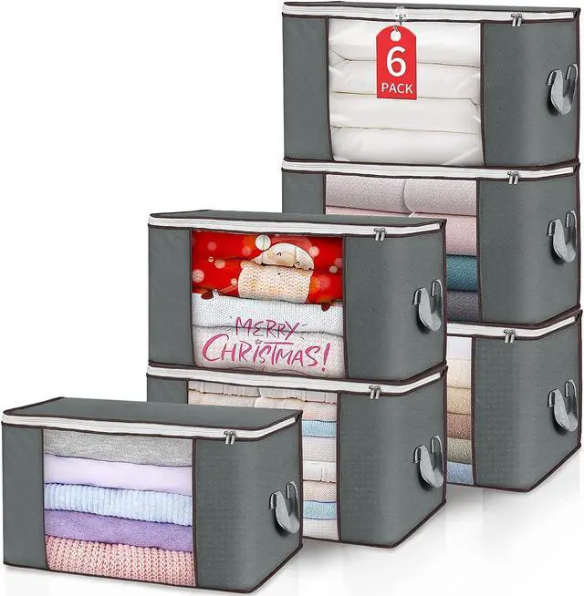 Main image of 90L Large Storage Bags 6 Pack Clothes Storage Bins Foldable Closet Organizers Storage Containers with Reinforced Handle for Clothing Blanket Comforters Bed Sheets Pillows and Toys (Gray)