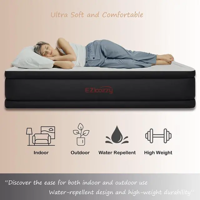 Alt view image 2 of 6 - - Queen Size Premium Air Mattress with Built-in Pump for Home Camping Guest-Room Inflatable Airbed Blow Up Mattress Firm Durable Grey
