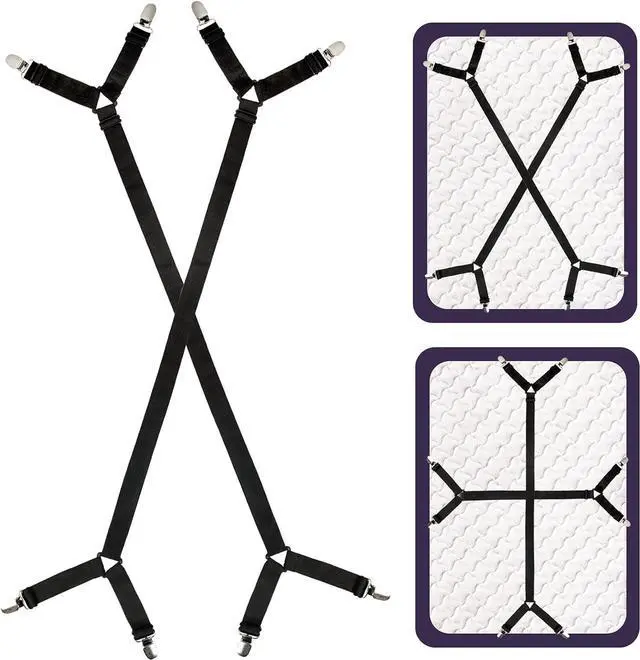 Main image of Bed Sheet Straps 2 Pack Fitted Bed Sheet Fasteners Clips Adjustable Crisscross Bed Sheet Holder Straps for Corners Mattress Sheet Suspenders Grippers Bedding Accessories Black