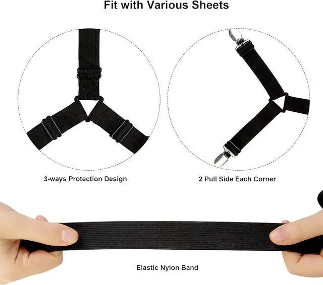 Alt view image 3 of 6 - Bed Sheet Straps 2 Pack Fitted Bed Sheet Fasteners Clips Adjustable Crisscross Bed Sheet Holder Straps for Corners Mattress Sheet Suspenders Grippers Bedding Accessories Black
