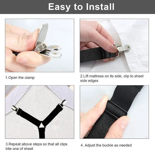 Alt view image 6 of 6 - Bed Sheet Straps 2 Pack Fitted Bed Sheet Fasteners Clips Adjustable Crisscross Bed Sheet Holder Straps for Corners Mattress Sheet Suspenders Grippers Bedding Accessories Black