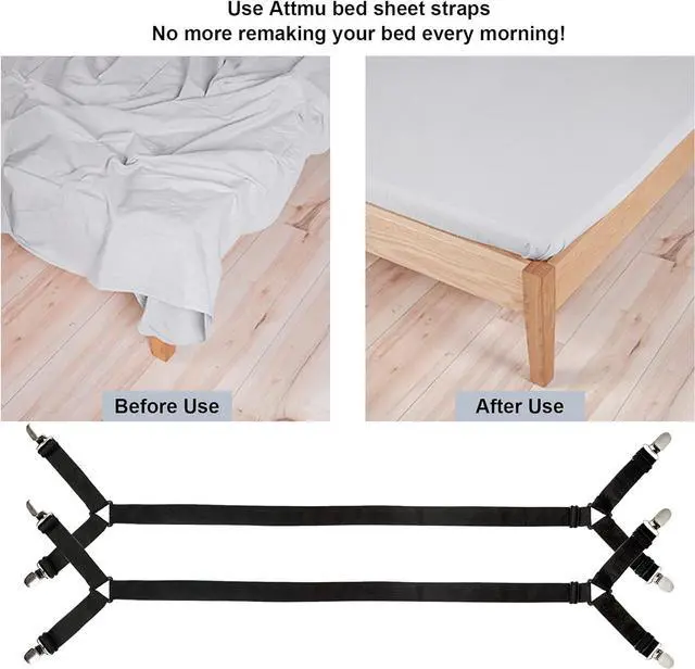 Alt view image 2 of 6 - Bed Sheet Straps 2 Pack Fitted Bed Sheet Fasteners Clips Adjustable Crisscross Bed Sheet Holder Straps for Corners Mattress Sheet Suspenders Grippers Bedding Accessories Black