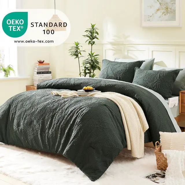 Alt view image 2 of 7 - Queen Comforter Set Bed in a Bag 7-Pieces with Comforter Pillow Sham Sheets and Pillowcase All Season Comfortable Seersucker Bedding Soft & Cozy (Dark Green 90x90)