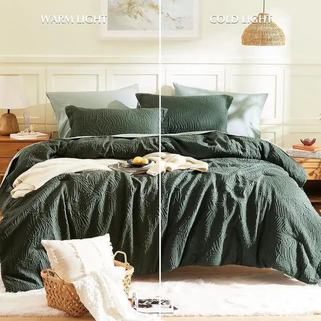 Alt view image 4 of 7 - Queen Comforter Set Bed in a Bag 7-Pieces with Comforter Pillow Sham Sheets and Pillowcase All Season Comfortable Seersucker Bedding Soft & Cozy (Dark Green 90x90)