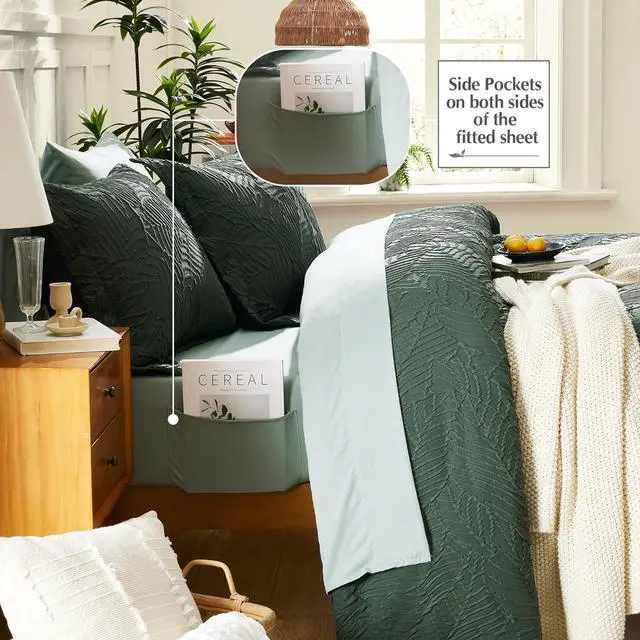 Alt view image 5 of 7 - Queen Comforter Set Bed in a Bag 7-Pieces with Comforter Pillow Sham Sheets and Pillowcase All Season Comfortable Seersucker Bedding Soft & Cozy (Dark Green 90x90)