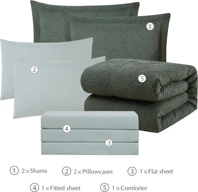 Alt view image 7 of 7 - Queen Comforter Set Bed in a Bag 7-Pieces with Comforter Pillow Sham Sheets and Pillowcase All Season Comfortable Seersucker Bedding Soft & Cozy (Dark Green 90x90)