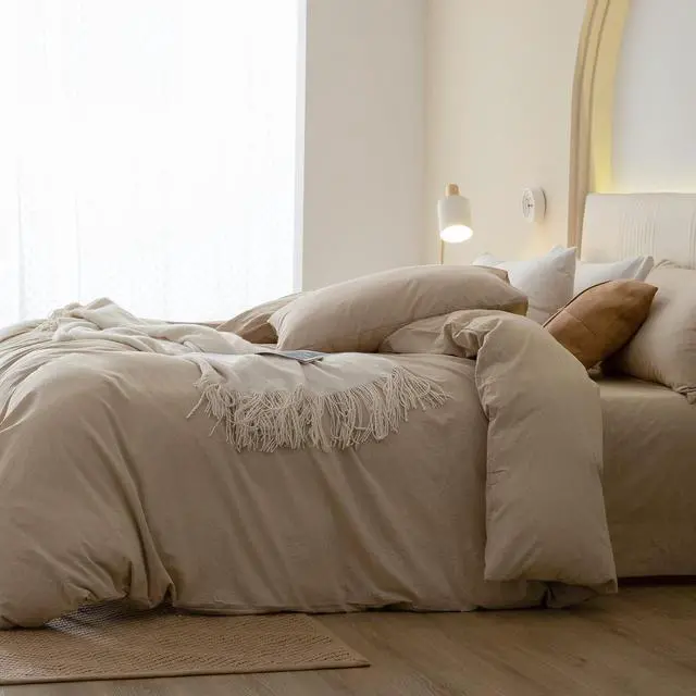 Alt view image 3 of 7 - 100% Washed Cotton Duvet Cover Set Comfy Simple Style Soft Breathable Textured Durable Linen Feel Bedding for All Seasons King Tan