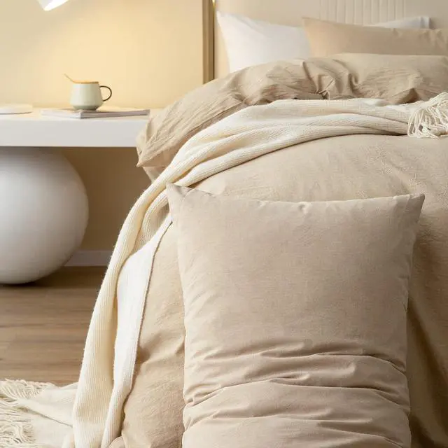 Alt view image 6 of 7 - 100% Washed Cotton Duvet Cover Set Comfy Simple Style Soft Breathable Textured Durable Linen Feel Bedding for All Seasons King Tan