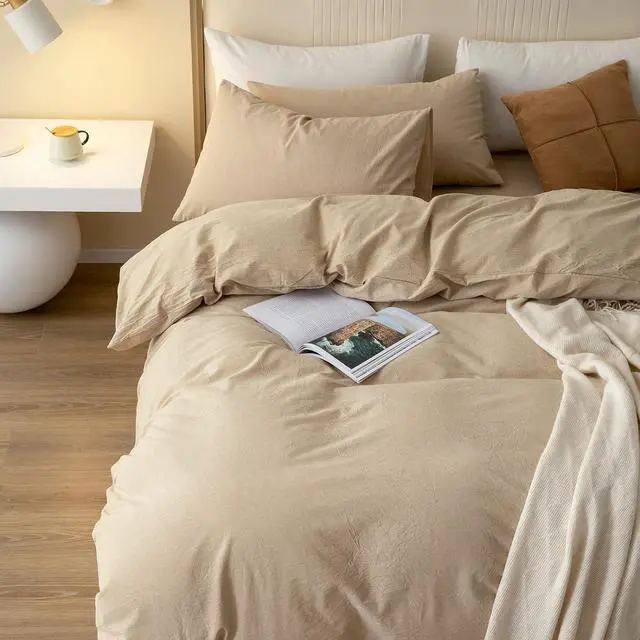 Alt view image 7 of 7 - 100% Washed Cotton Duvet Cover Set Comfy Simple Style Soft Breathable Textured Durable Linen Feel Bedding for All Seasons King Tan
